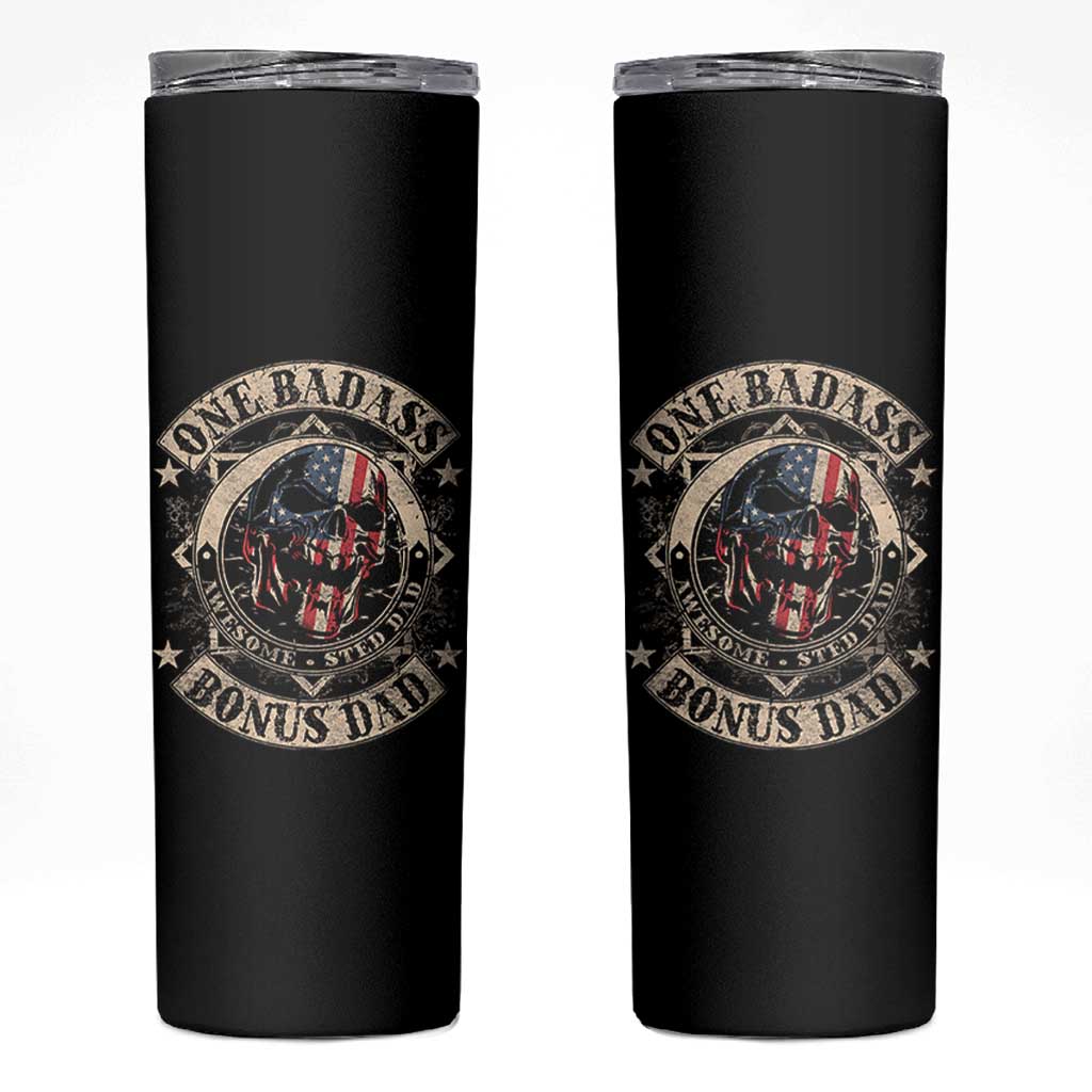 Funny One Badass Bonus Dad Skinny Tumbler Awesome Step Dad Fathers Day American Flag Skull