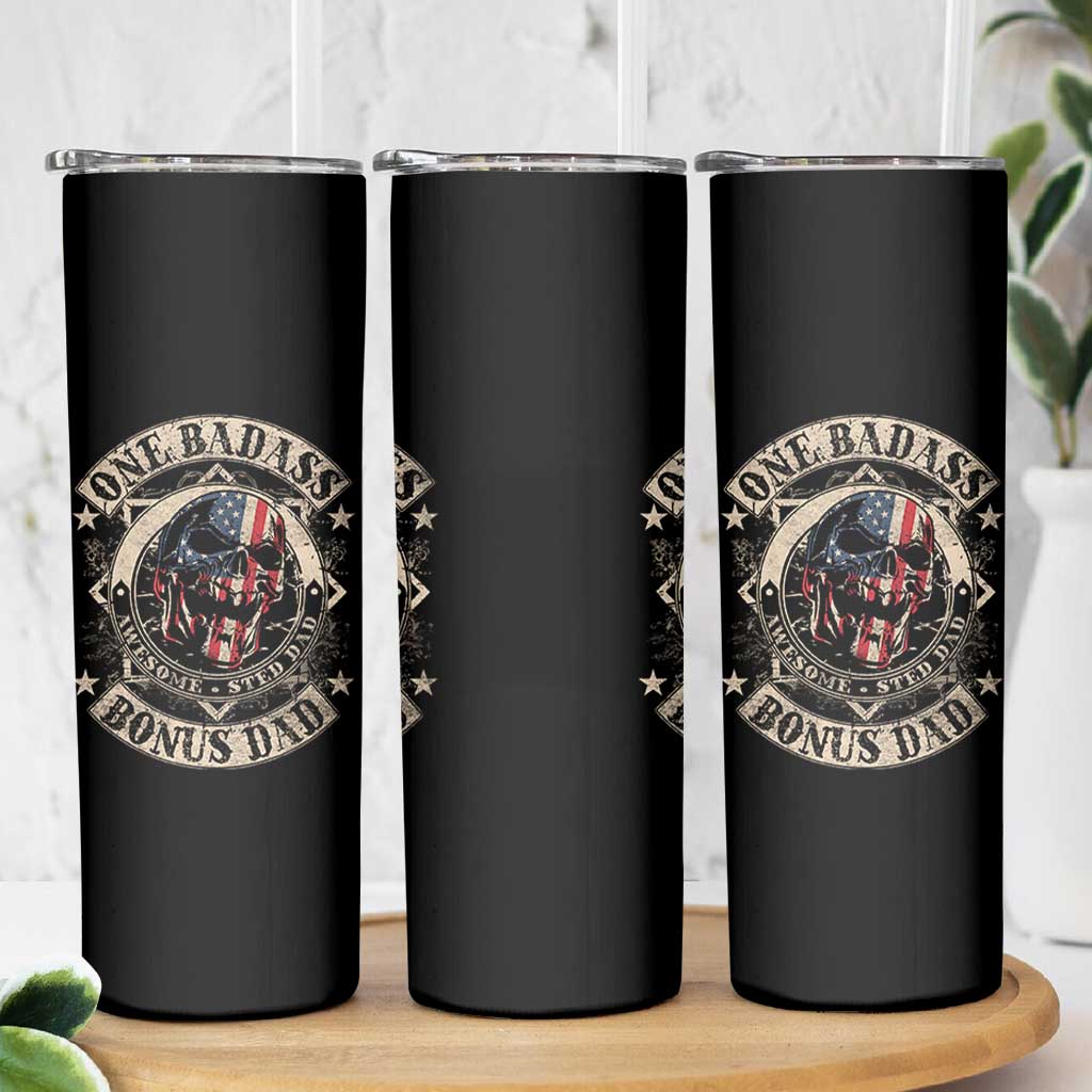 Funny One Badass Bonus Dad Skinny Tumbler Awesome Step Dad Fathers Day American Flag Skull