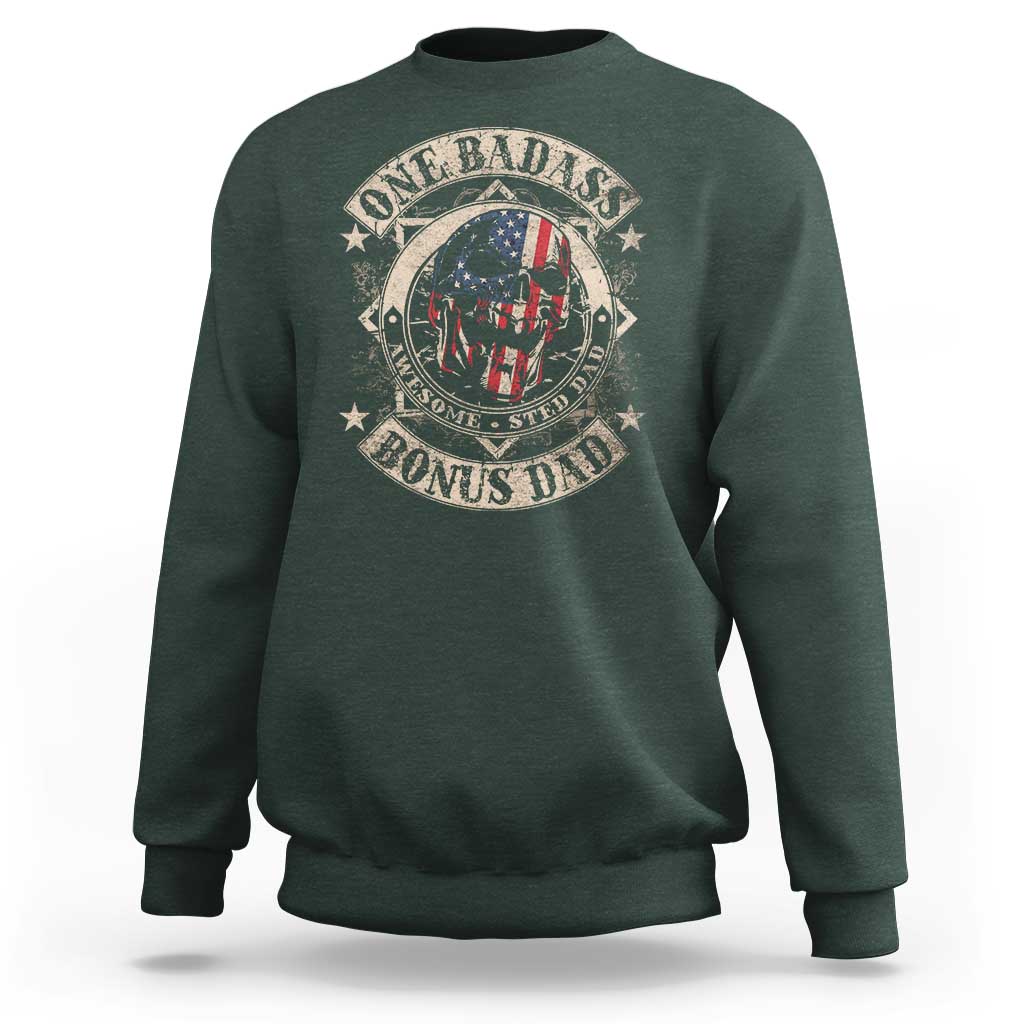 Funny One Badass Bonus Dad Sweatshirt Awesome Step Dad Fathers Day American Flag Skull