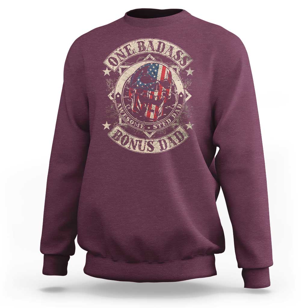 Funny One Badass Bonus Dad Sweatshirt Awesome Step Dad Fathers Day American Flag Skull