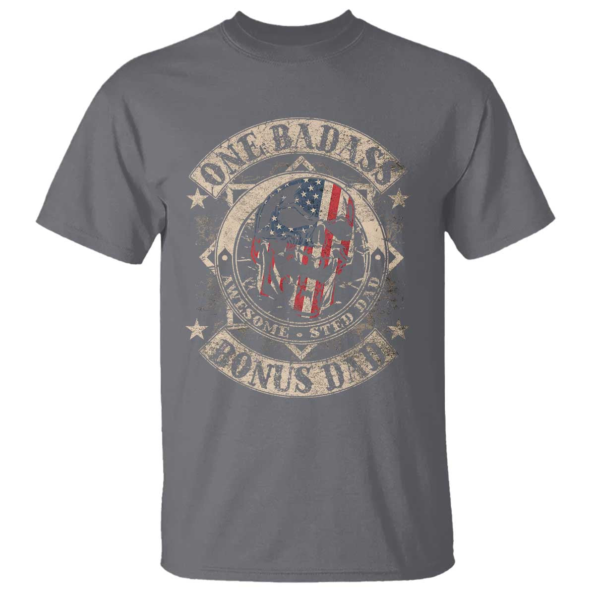 Funny One Badass Bonus Dad T Shirt Awesome Step Dad Fathers Day American Flag Skull