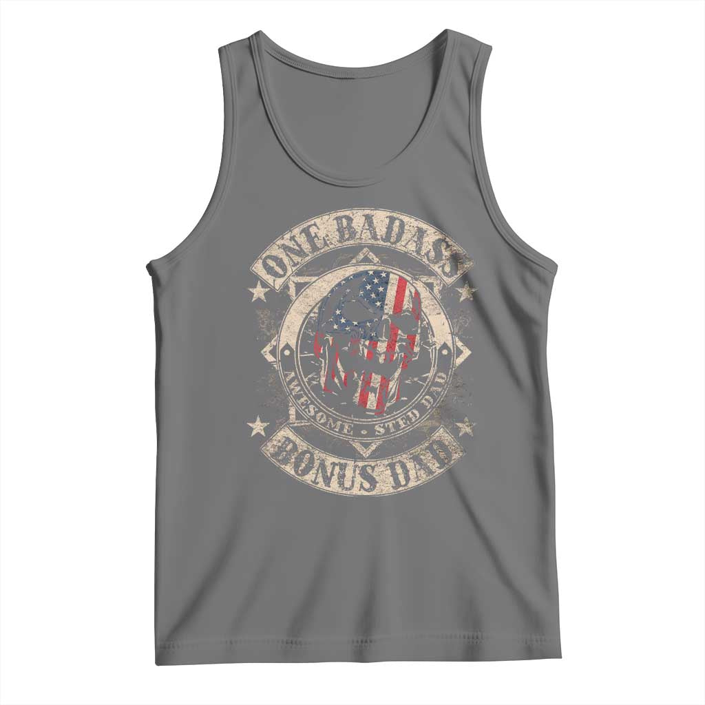 Funny One Badass Bonus Dad Tank Top Awesome Step Dad Fathers Day American Flag Skull