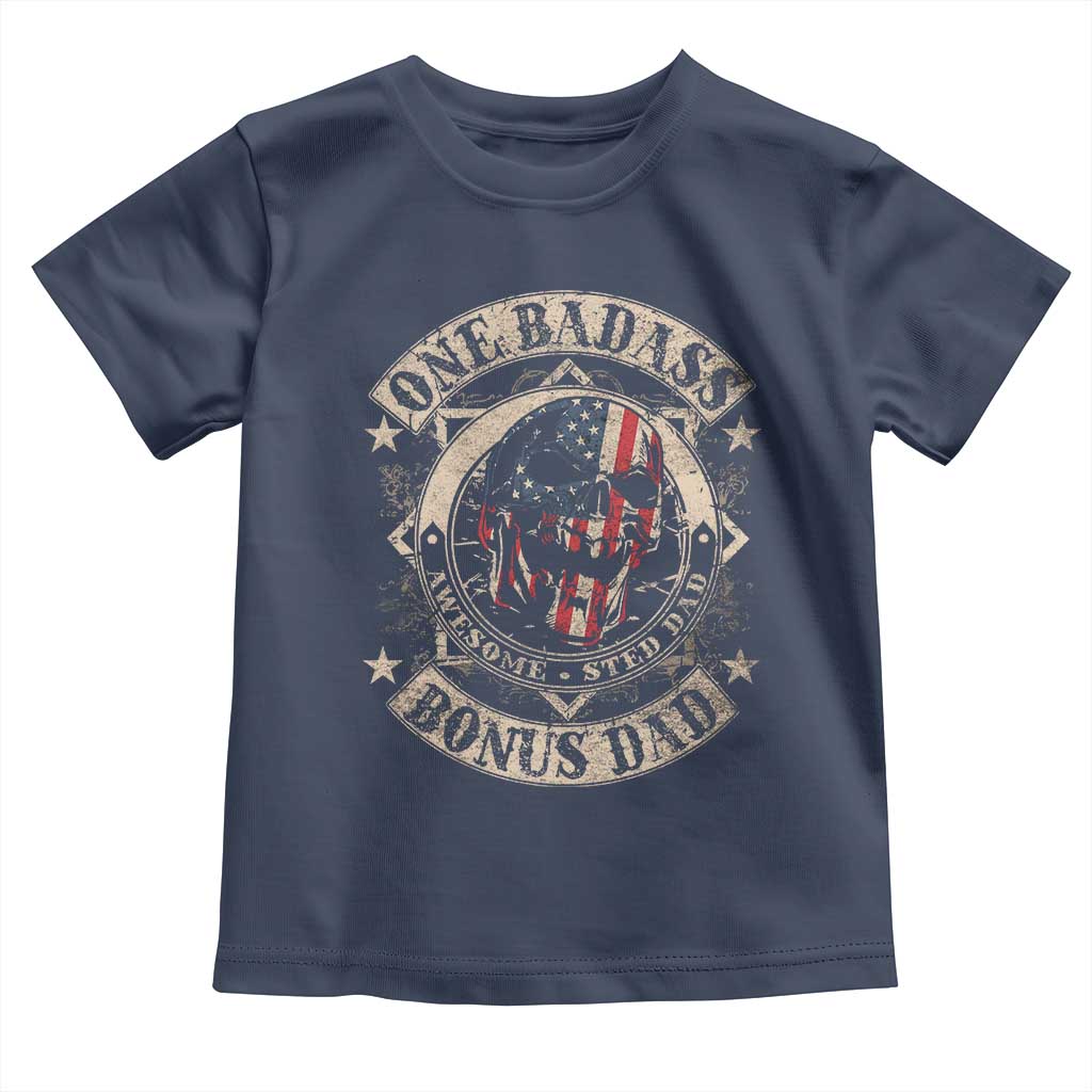 Funny One Badass Bonus Dad Toddler T Shirt Awesome Step Dad Fathers Day American Flag Skull