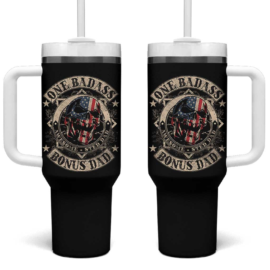 Funny One Badass Bonus Dad Tumbler With Handle Awesome Step Dad Fathers Day American Flag Skull