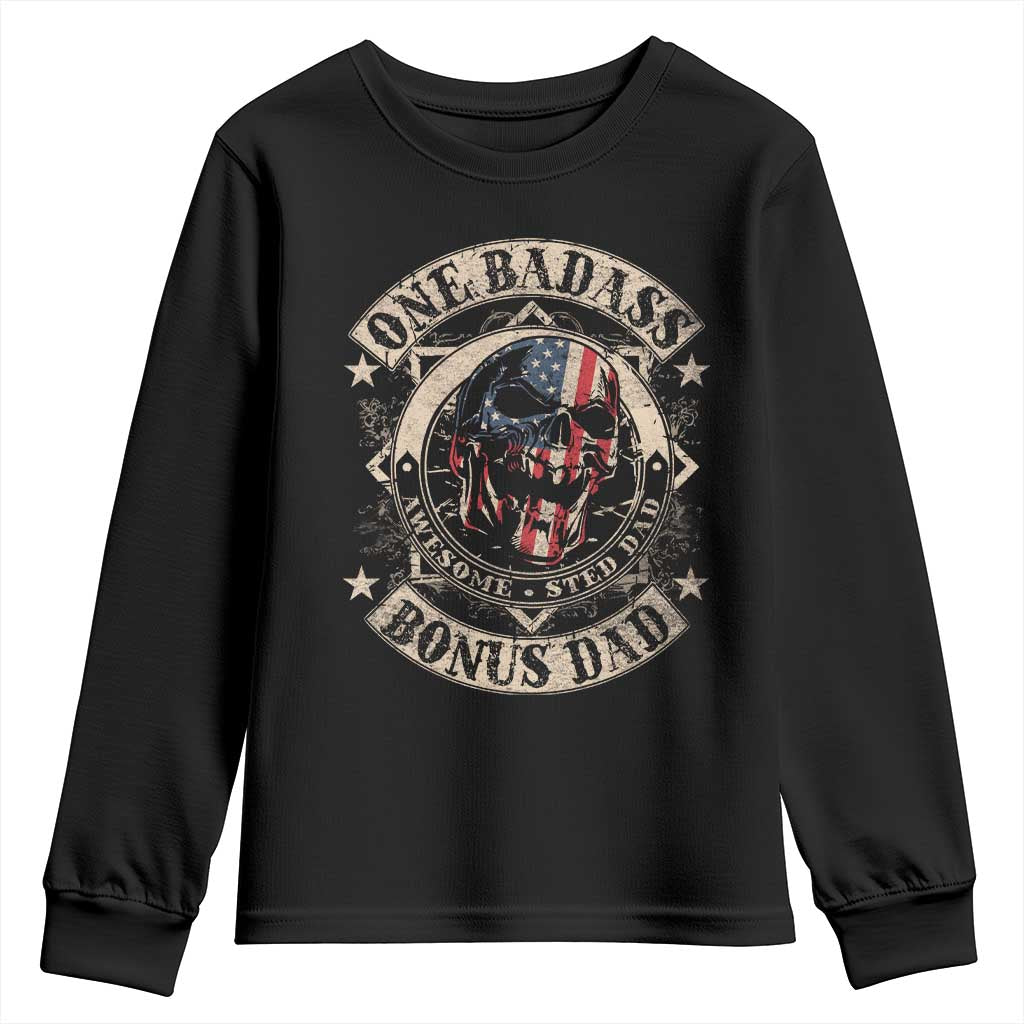 Funny One Badass Bonus Dad Youth Sweatshirt Awesome Step Dad Fathers Day American Flag Skull