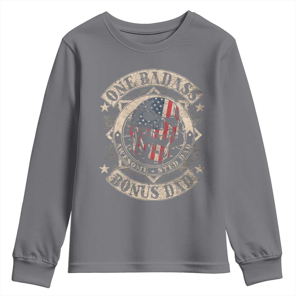 Funny One Badass Bonus Dad Youth Sweatshirt Awesome Step Dad Fathers Day American Flag Skull