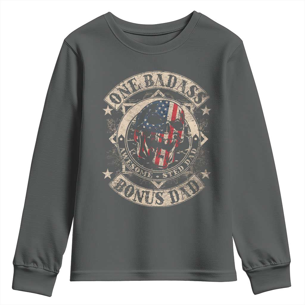 Funny One Badass Bonus Dad Youth Sweatshirt Awesome Step Dad Fathers Day American Flag Skull