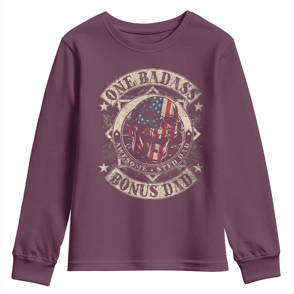 Funny One Badass Bonus Dad Youth Sweatshirt Awesome Step Dad Fathers Day American Flag Skull