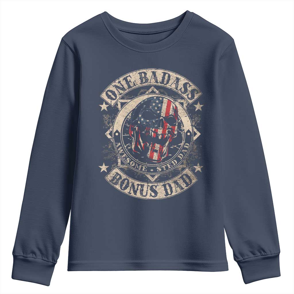 Funny One Badass Bonus Dad Youth Sweatshirt Awesome Step Dad Fathers Day American Flag Skull