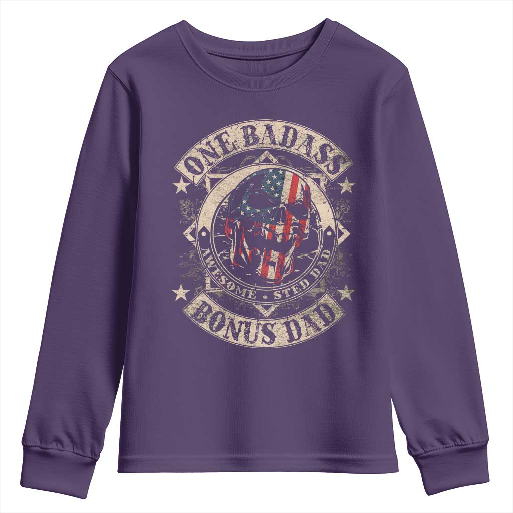 Funny One Badass Bonus Dad Youth Sweatshirt Awesome Step Dad Fathers Day American Flag Skull