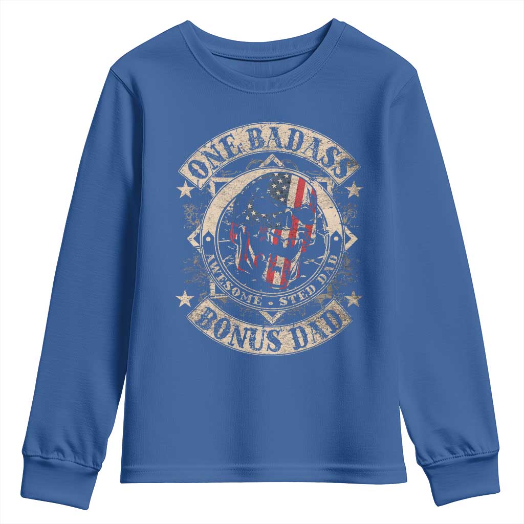 Funny One Badass Bonus Dad Youth Sweatshirt Awesome Step Dad Fathers Day American Flag Skull