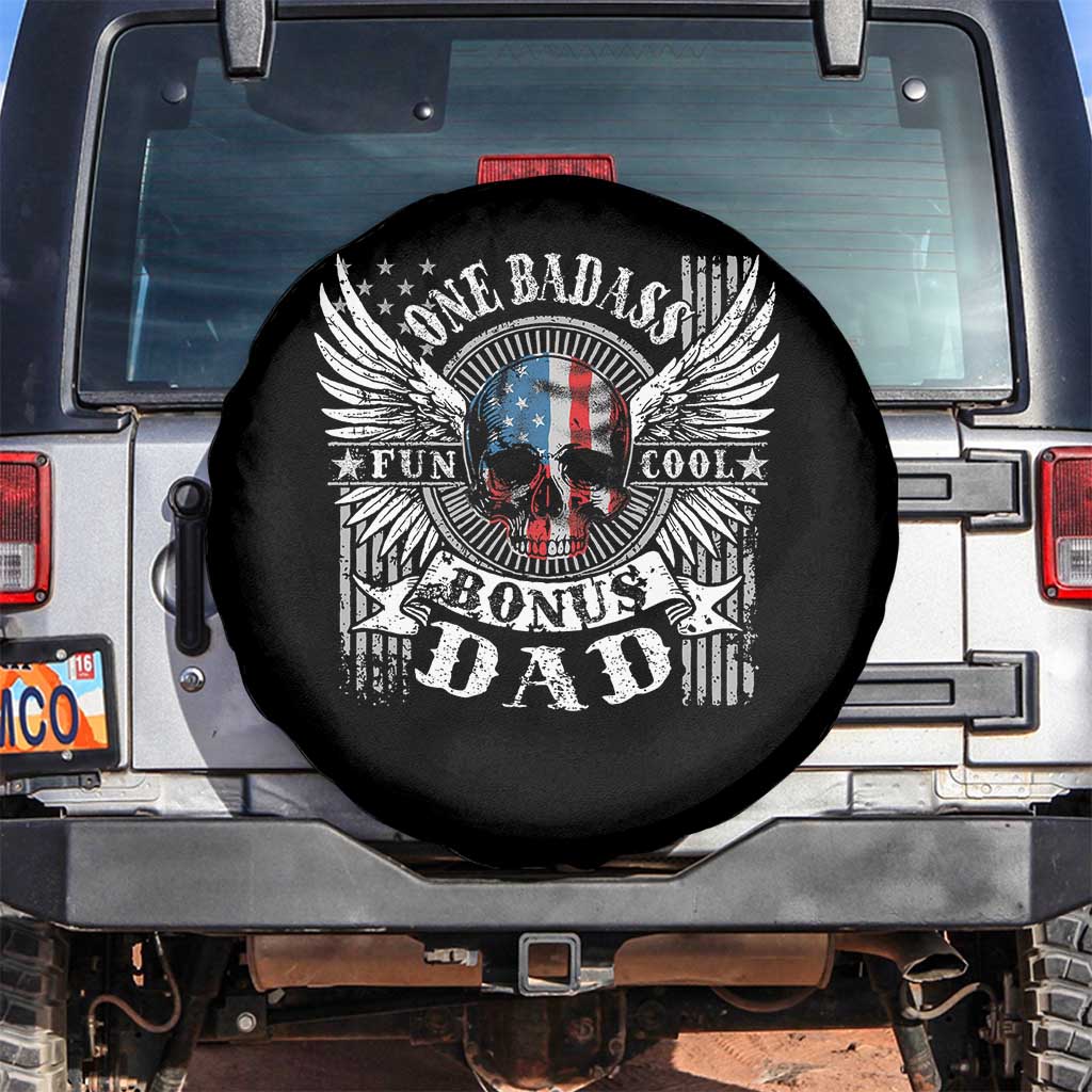 Funny One Badass Bonus Stepdad Spare Tire Cover Bonus Dad Fathers Day American Flag Skull