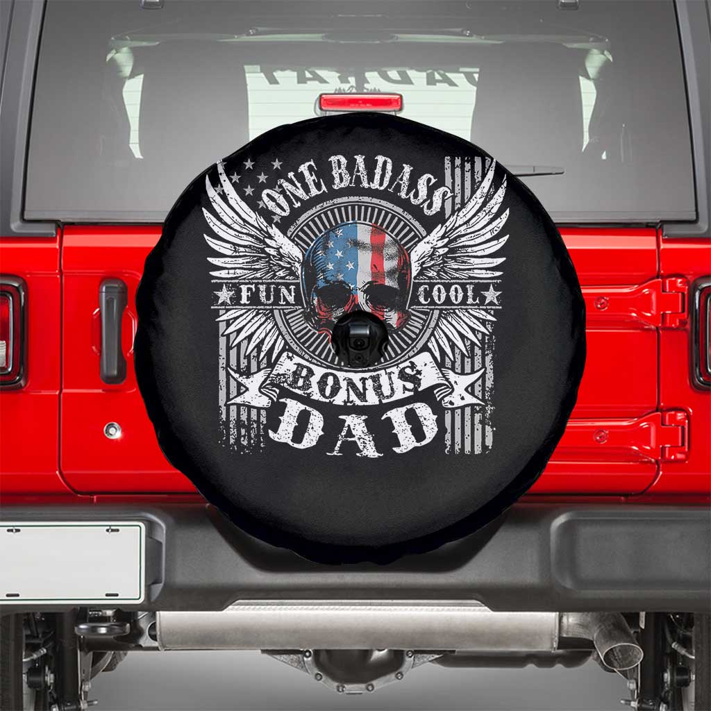 Funny One Badass Bonus Stepdad Spare Tire Cover Bonus Dad Fathers Day American Flag Skull