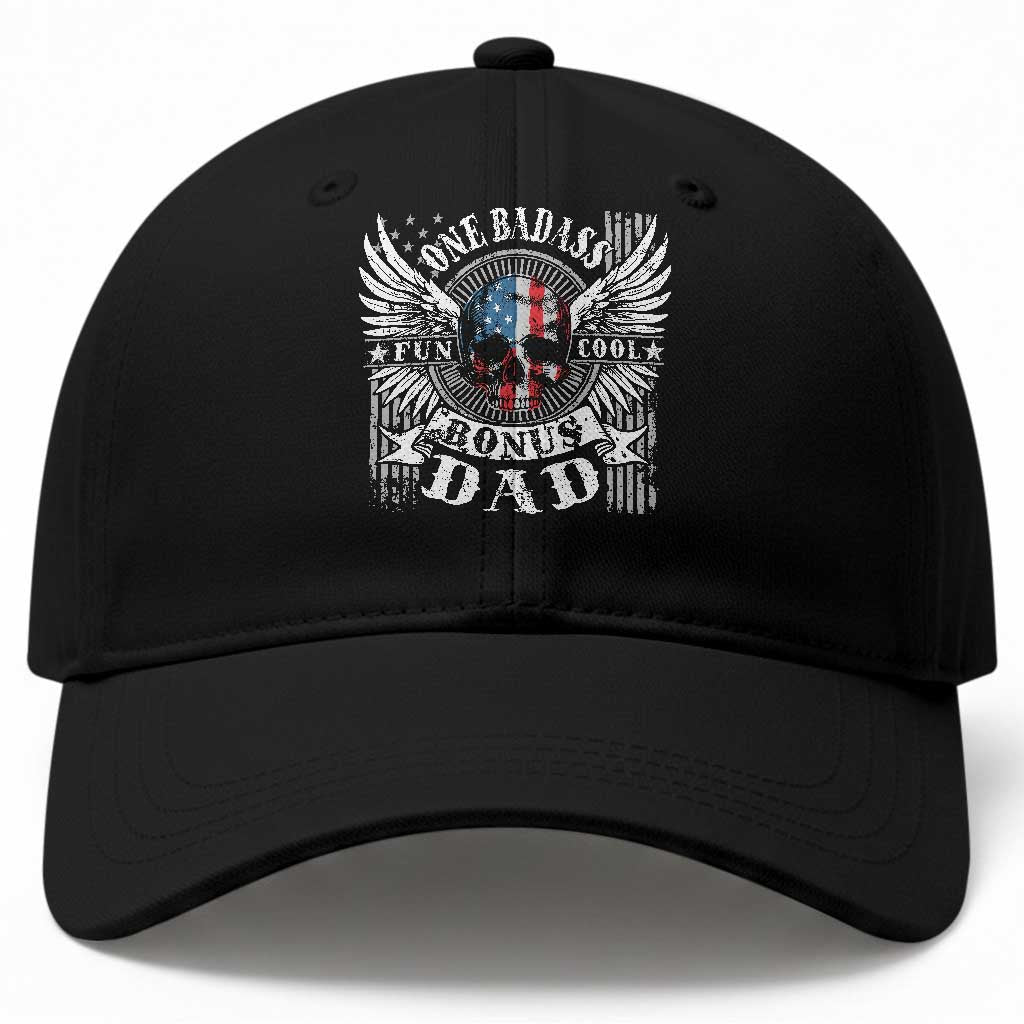 Funny One Badass Bonus Stepdad Baseball Cap Bonus Dad Fathers Day American Flag Skull