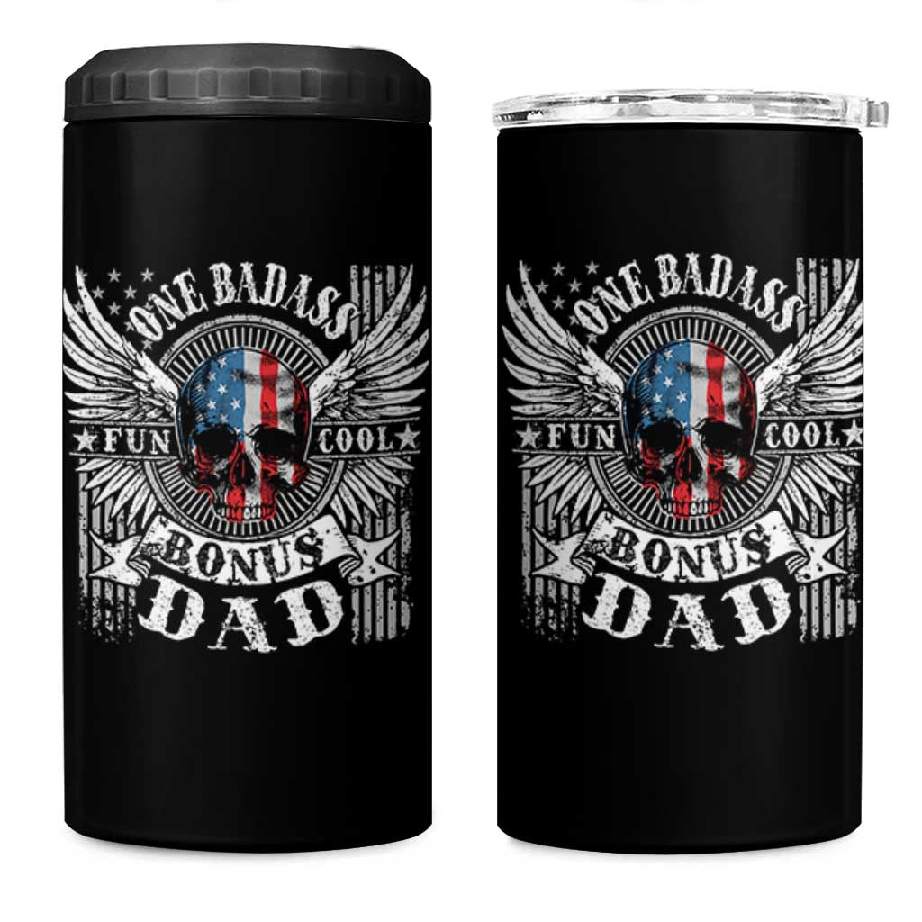 Funny One Badass Bonus Stepdad 4 in 1 Can Cooler Tumbler Bonus Dad Fathers Day American Flag Skull