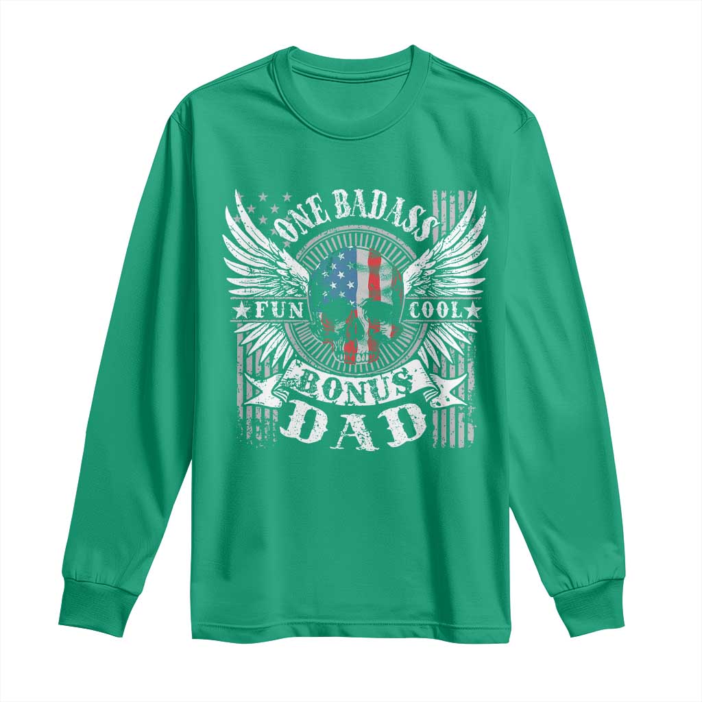 Funny One Badass Bonus Stepdad Long Sleeve Shirt Bonus Dad Fathers Day American Flag Skull