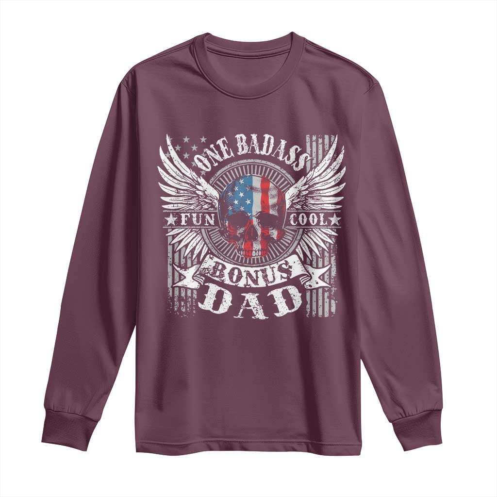 Funny One Badass Bonus Stepdad Long Sleeve Shirt Bonus Dad Fathers Day American Flag Skull