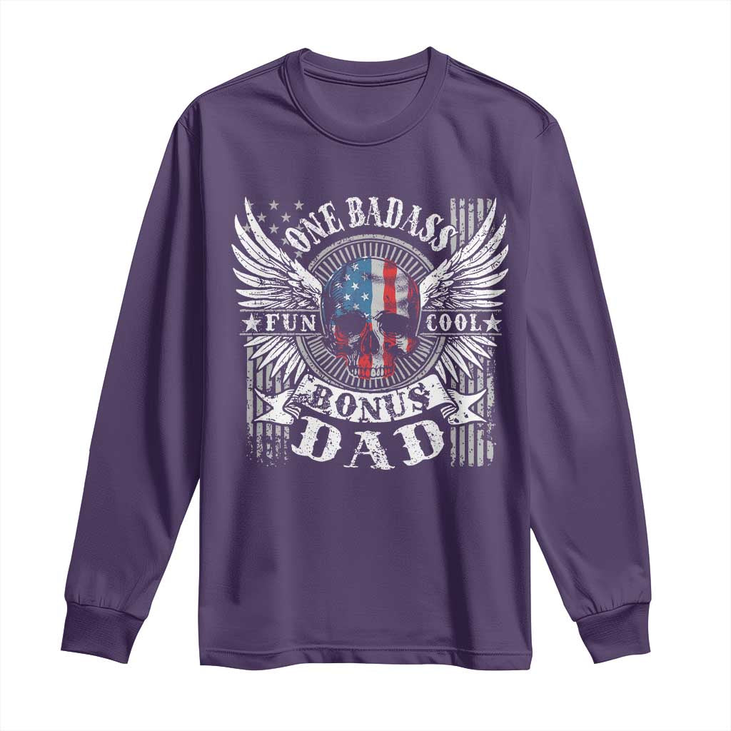 Funny One Badass Bonus Stepdad Long Sleeve Shirt Bonus Dad Fathers Day American Flag Skull