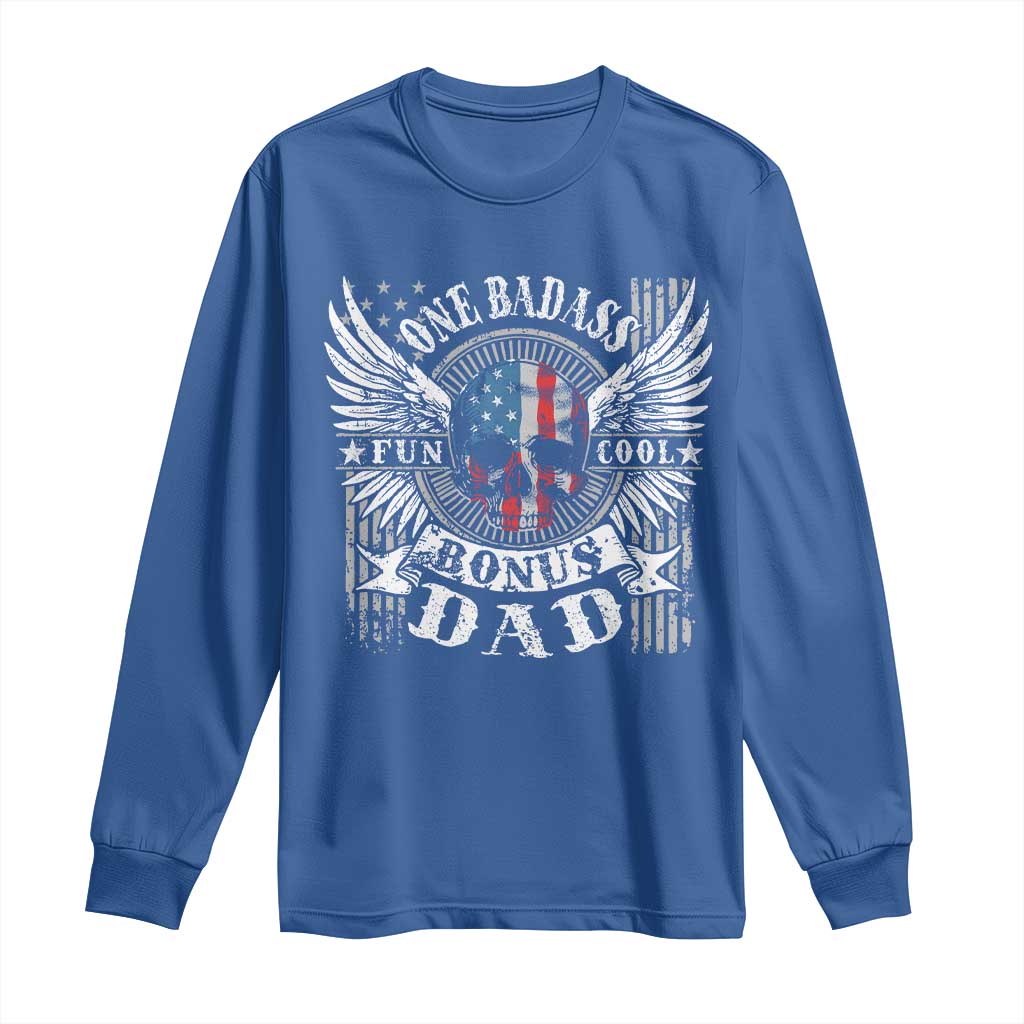 Funny One Badass Bonus Stepdad Long Sleeve Shirt Bonus Dad Fathers Day American Flag Skull
