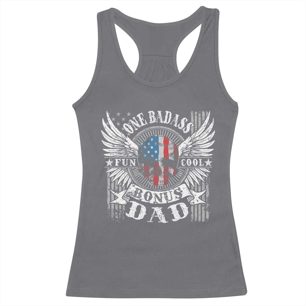Funny One Badass Bonus Stepdad Racerback Tank Top Bonus Dad Fathers Day American Flag Skull