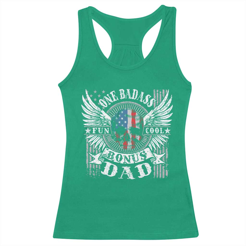 Funny One Badass Bonus Stepdad Racerback Tank Top Bonus Dad Fathers Day American Flag Skull