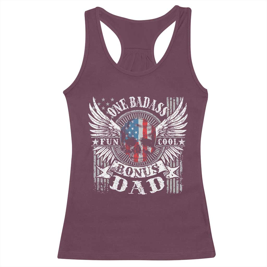Funny One Badass Bonus Stepdad Racerback Tank Top Bonus Dad Fathers Day American Flag Skull