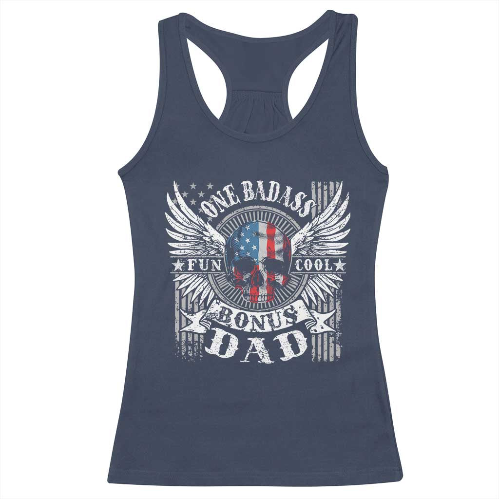 Funny One Badass Bonus Stepdad Racerback Tank Top Bonus Dad Fathers Day American Flag Skull