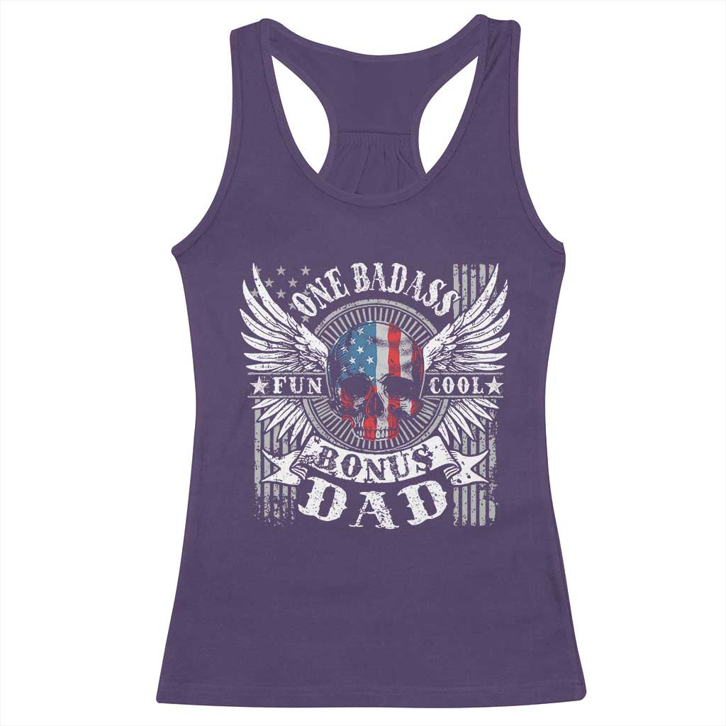 Funny One Badass Bonus Stepdad Racerback Tank Top Bonus Dad Fathers Day American Flag Skull