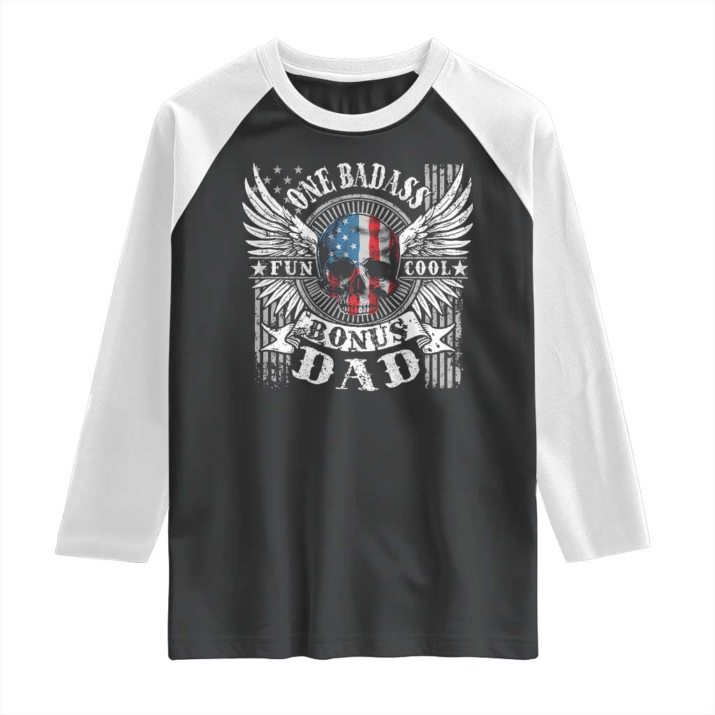 Funny One Badass Bonus Stepdad Raglan Shirt Bonus Dad Fathers Day American Flag Skull