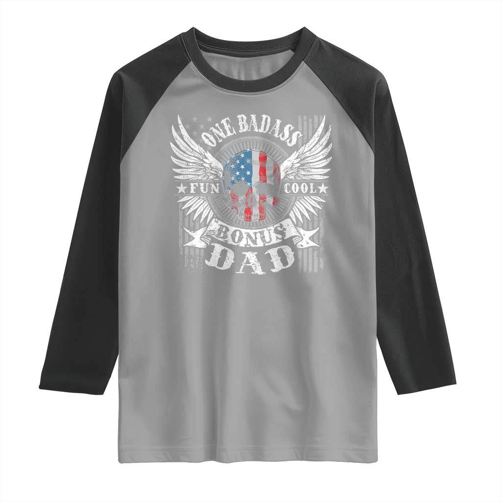 Funny One Badass Bonus Stepdad Raglan Shirt Bonus Dad Fathers Day American Flag Skull