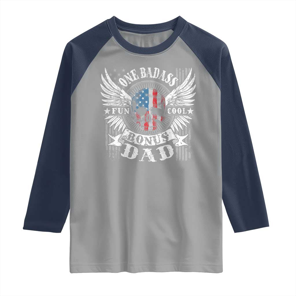 Funny One Badass Bonus Stepdad Raglan Shirt Bonus Dad Fathers Day American Flag Skull
