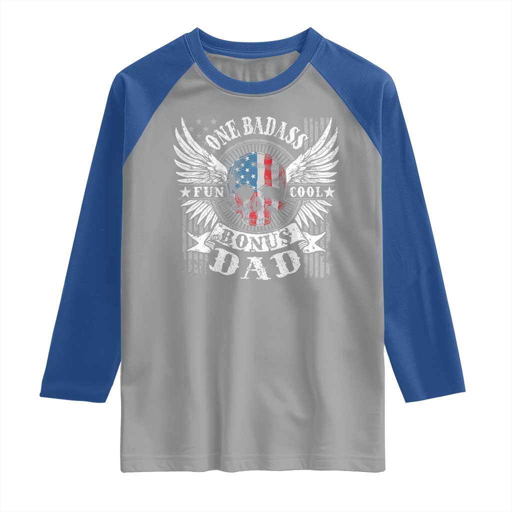 Funny One Badass Bonus Stepdad Raglan Shirt Bonus Dad Fathers Day American Flag Skull