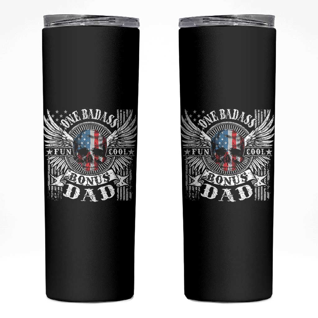 Funny One Badass Bonus Stepdad Skinny Tumbler Bonus Dad Fathers Day American Flag Skull