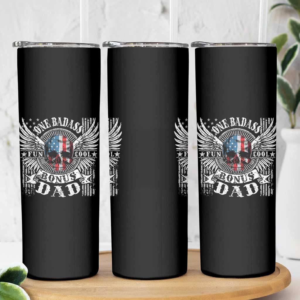 Funny One Badass Bonus Stepdad Skinny Tumbler Bonus Dad Fathers Day American Flag Skull