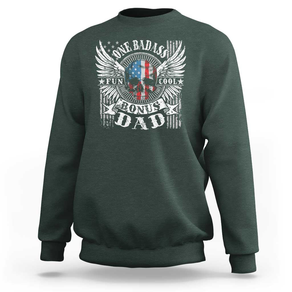 Funny One Badass Bonus Stepdad Sweatshirt Bonus Dad Fathers Day American Flag Skull