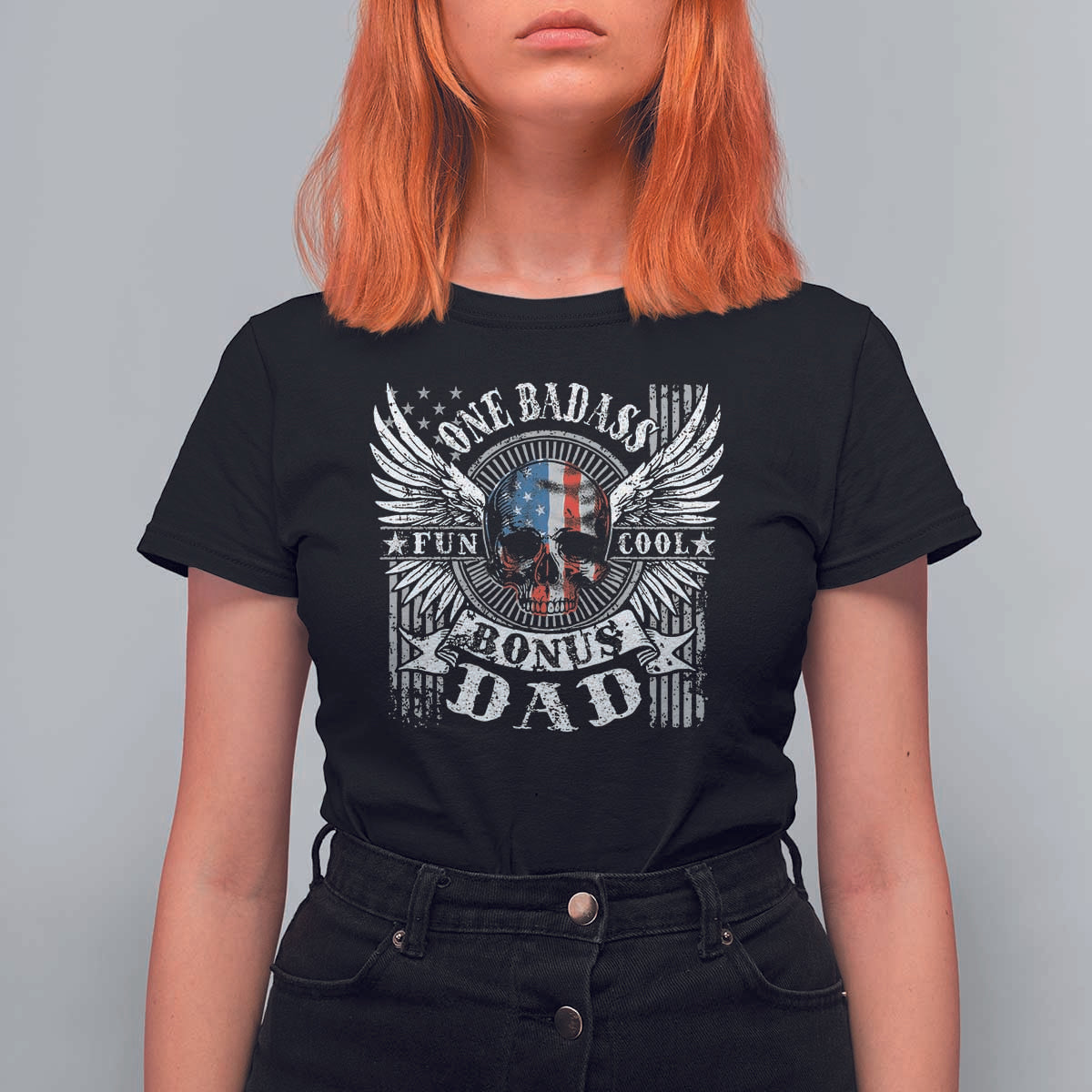 Funny One Badass Bonus Stepdad T Shirt For Women Bonus Dad Fathers Day American Flag Skull
