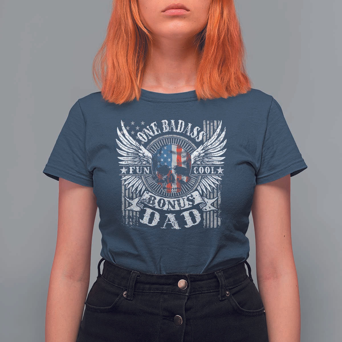 Funny One Badass Bonus Stepdad T Shirt For Women Bonus Dad Fathers Day American Flag Skull