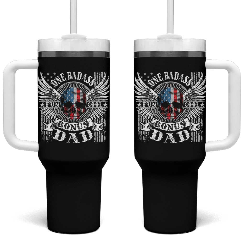 Funny One Badass Bonus Stepdad Tumbler With Handle Bonus Dad Fathers Day American Flag Skull