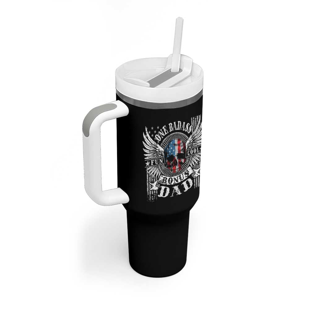 Funny One Badass Bonus Stepdad Tumbler With Handle Bonus Dad Fathers Day American Flag Skull