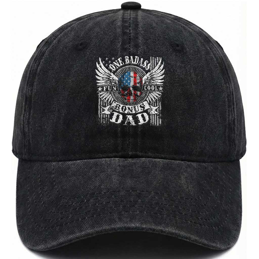 Funny One Badass Bonus Stepdad Washed Cotton Baseball Cap Bonus Dad Fathers Day American Flag Skull