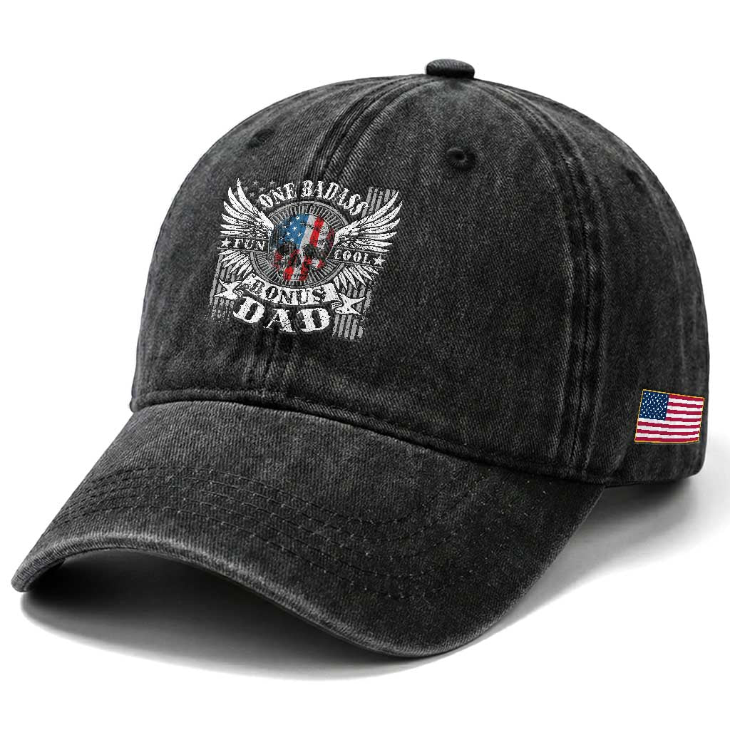 Funny One Badass Bonus Stepdad Washed Cotton Baseball Cap Bonus Dad Fathers Day American Flag Skull
