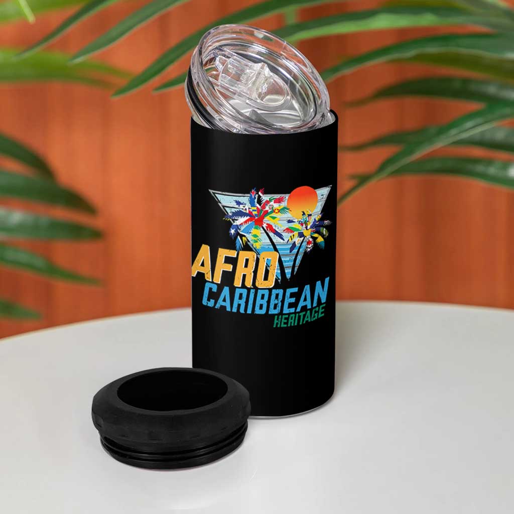 Funny Afro Caribbean Heritage 4 in 1 Can Cooler Tumbler Caribbean Island Pride Flags Palm Tree - Wonder Print Shop