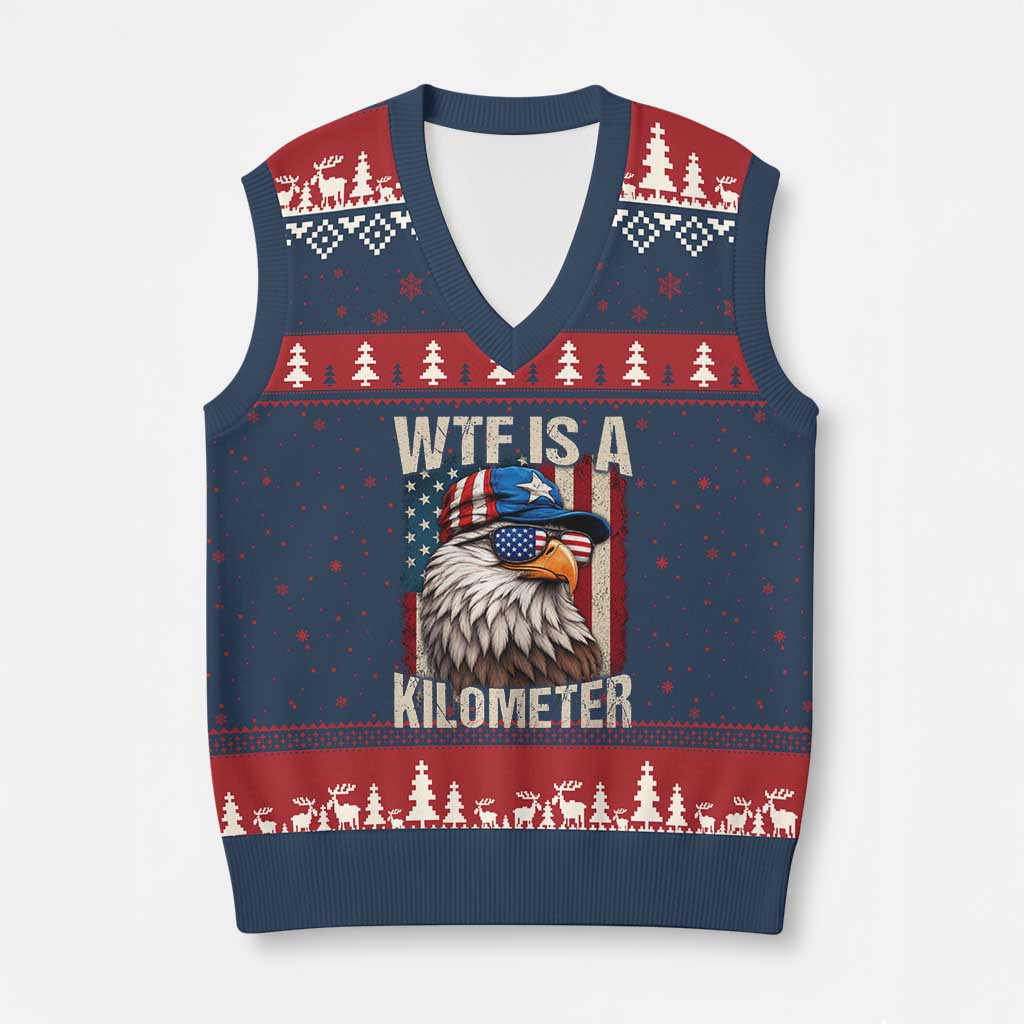 WTF Is A Kilometer V-Neck Knit Sweater Vest Bald Eagle 4th of July Funny USA Patriotic