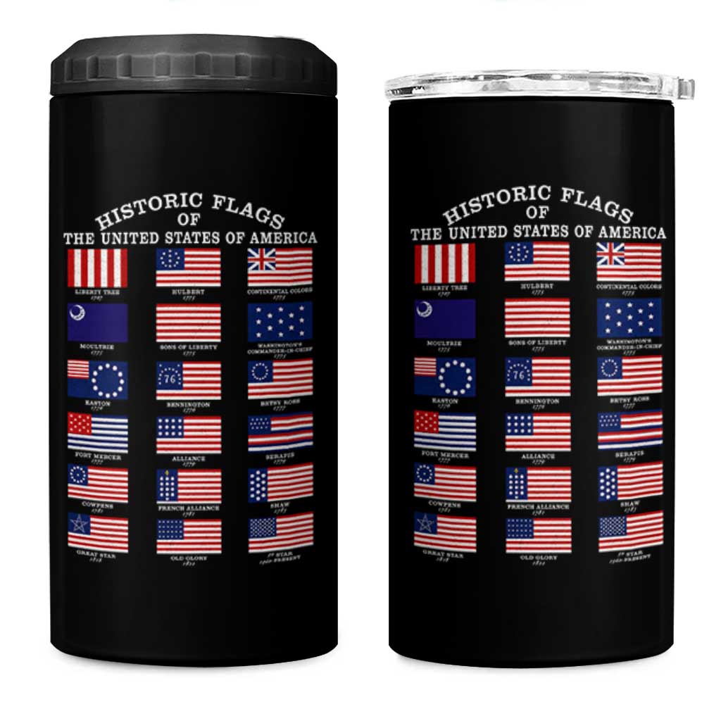Historic Flags of The United States of America 4 in 1 Can Cooler Tumbler US History 4th of July