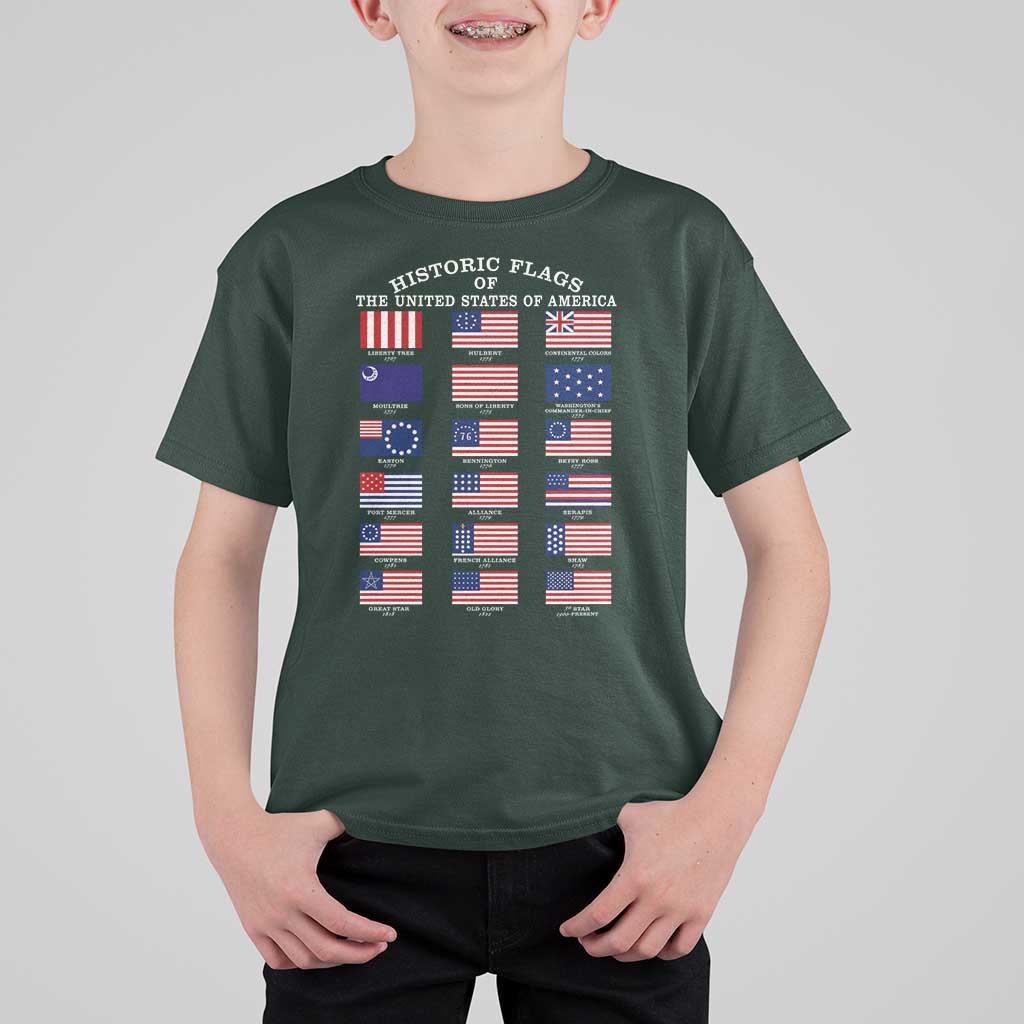 Historic Flags of The United States of America T Shirt For Kid US History 4th of July
