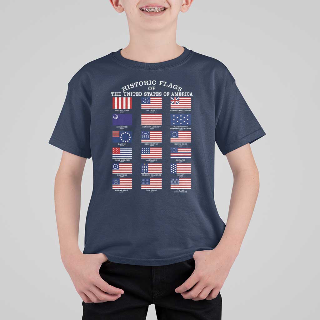 Historic Flags of The United States of America T Shirt For Kid US History 4th of July