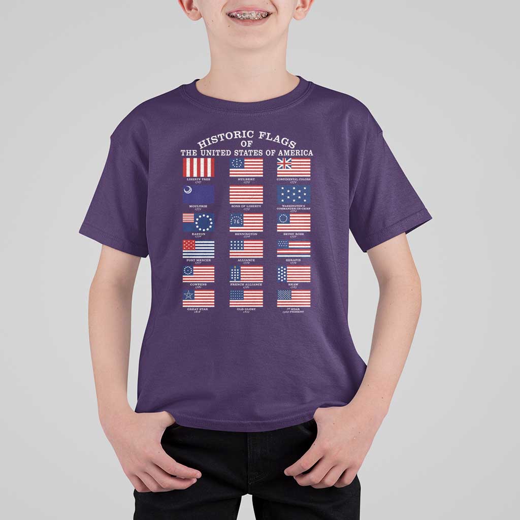 Historic Flags of The United States of America T Shirt For Kid US History 4th of July