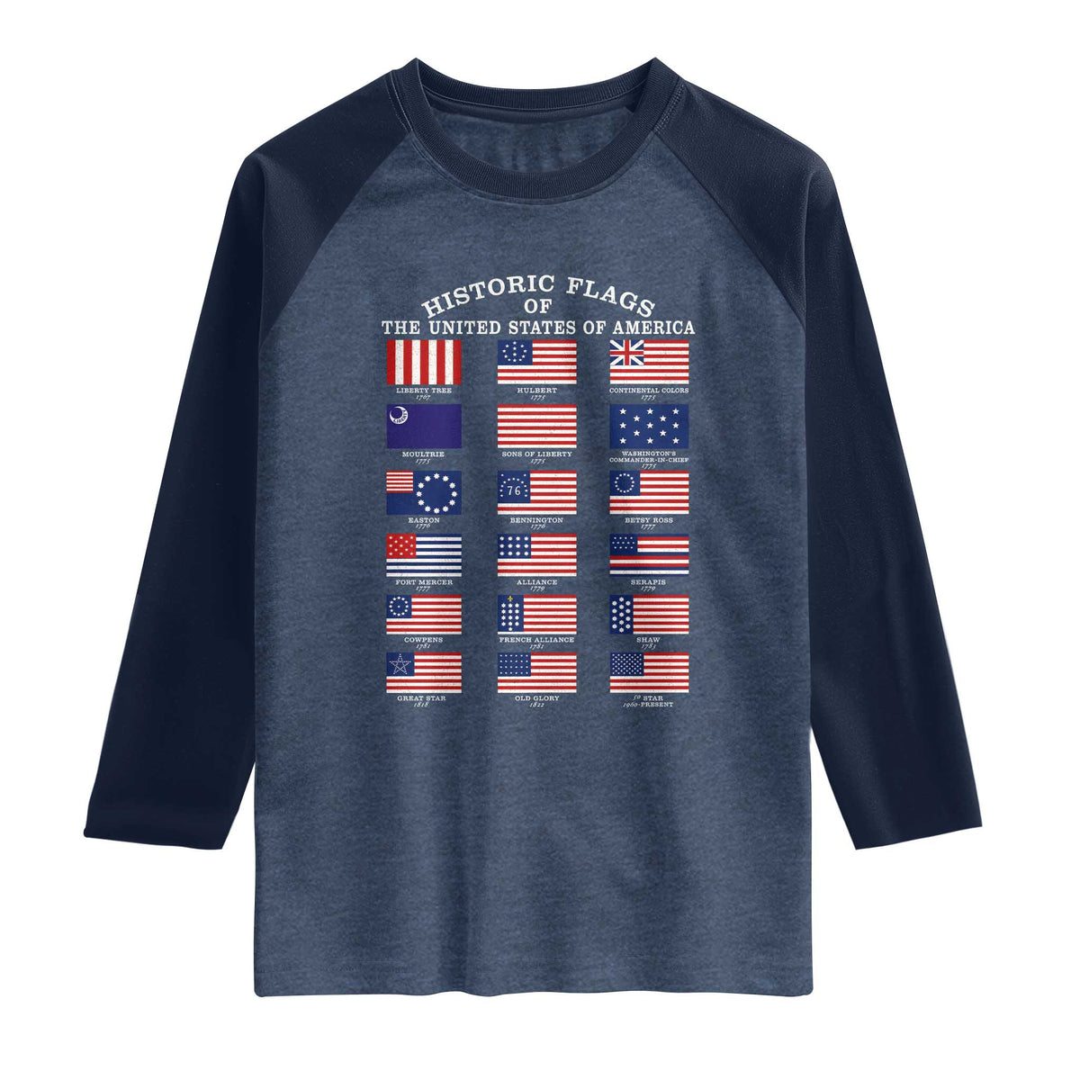 Historic Flags of The United States of America Raglan Shirt US History 4th of July