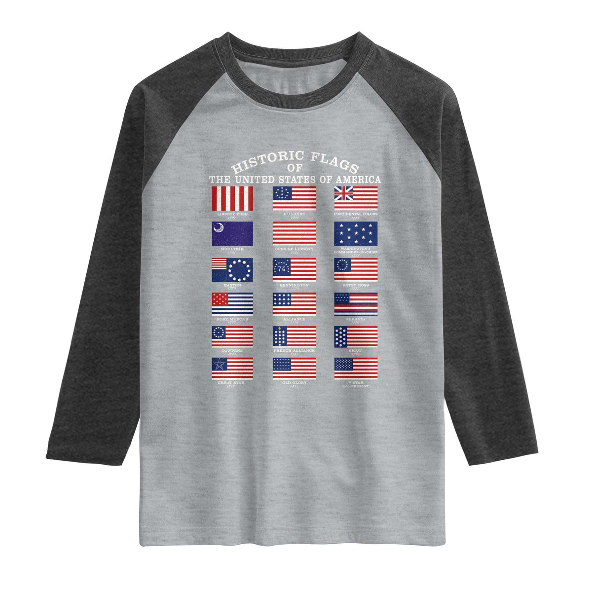 Historic Flags of The United States of America Raglan Shirt US History 4th of July