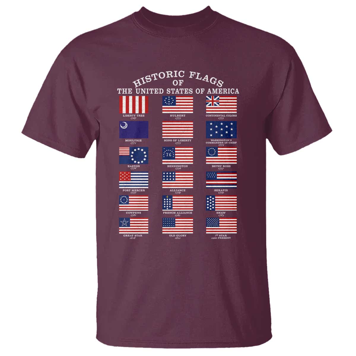 Historic Flags of The United States of America T Shirt US History 4th of July